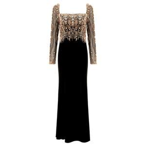 Mac Duggal Beaded Square Neck Column Black Gown | Size 14